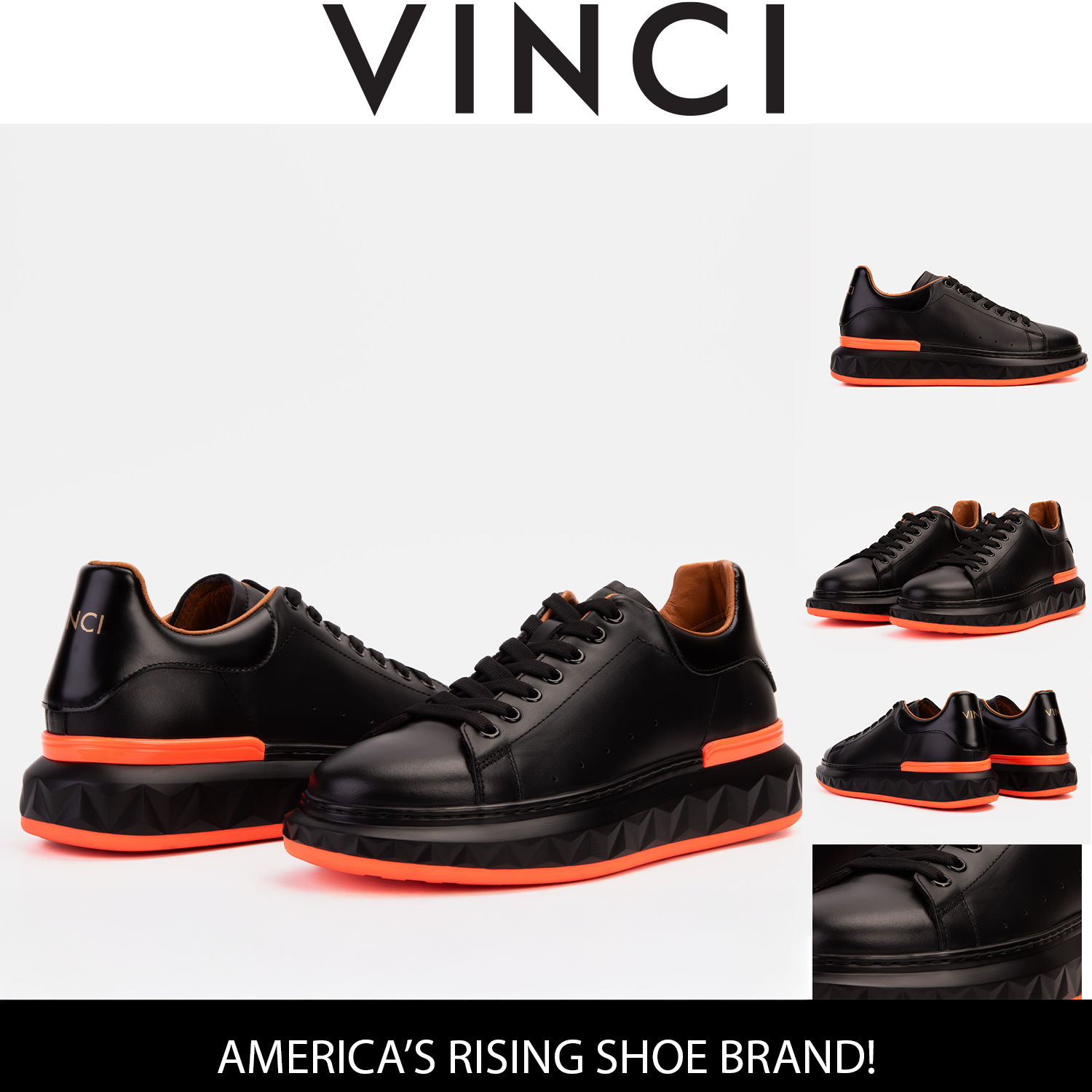The Linq  Black Orange Leather Sneaker For Sale