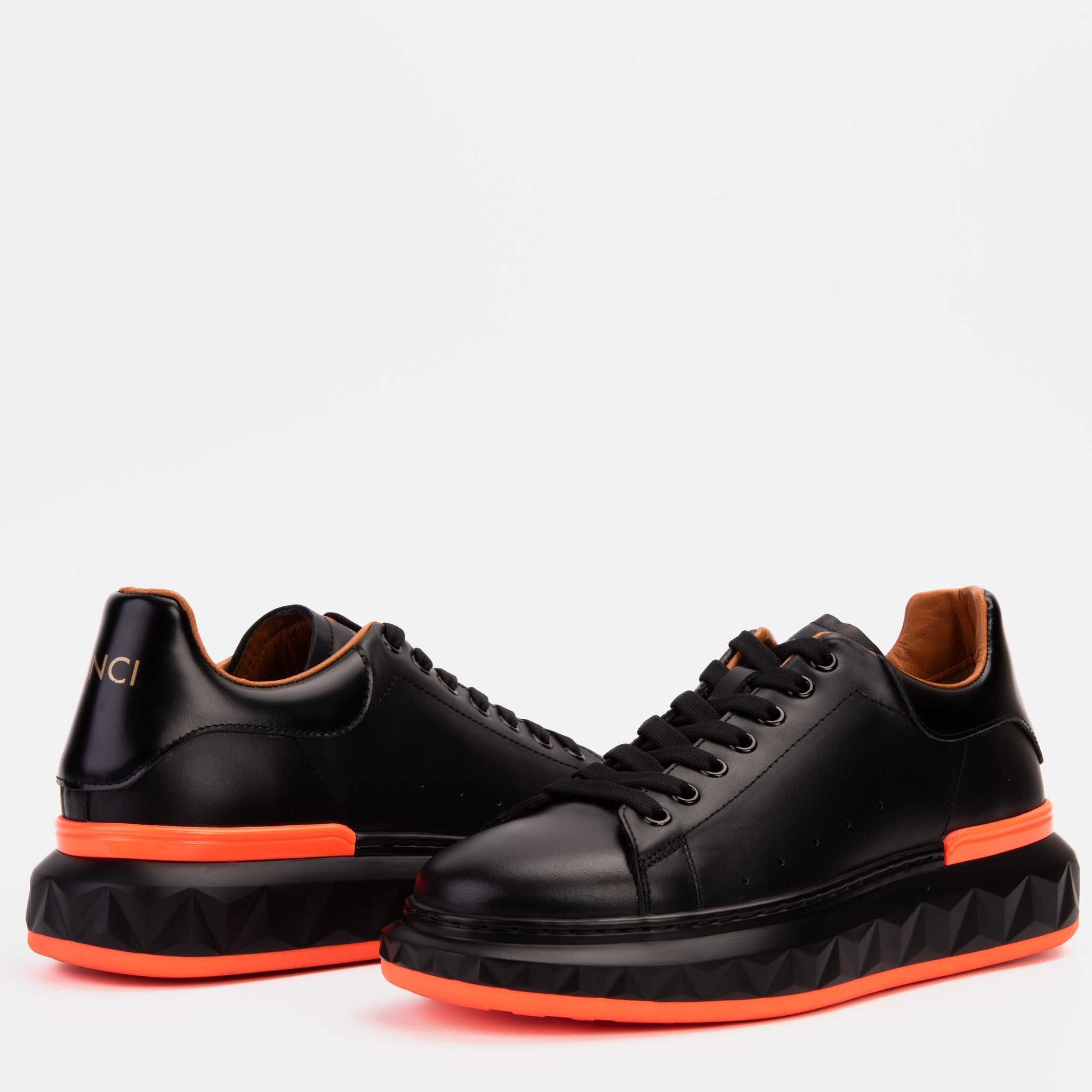 The Linq  Black Orange Leather Sneaker For Sale