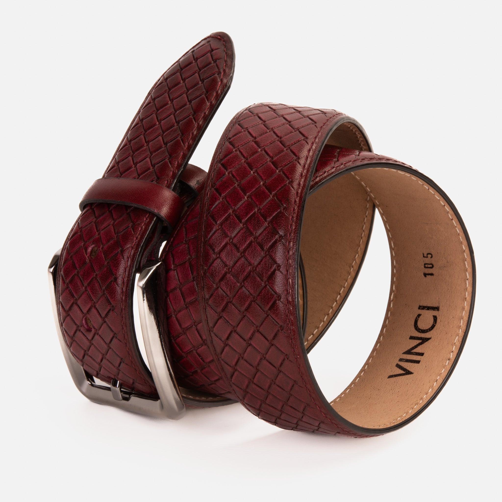 The Layla Burgundy Woven Pattern Leather Belt Fine Craftsmanship
