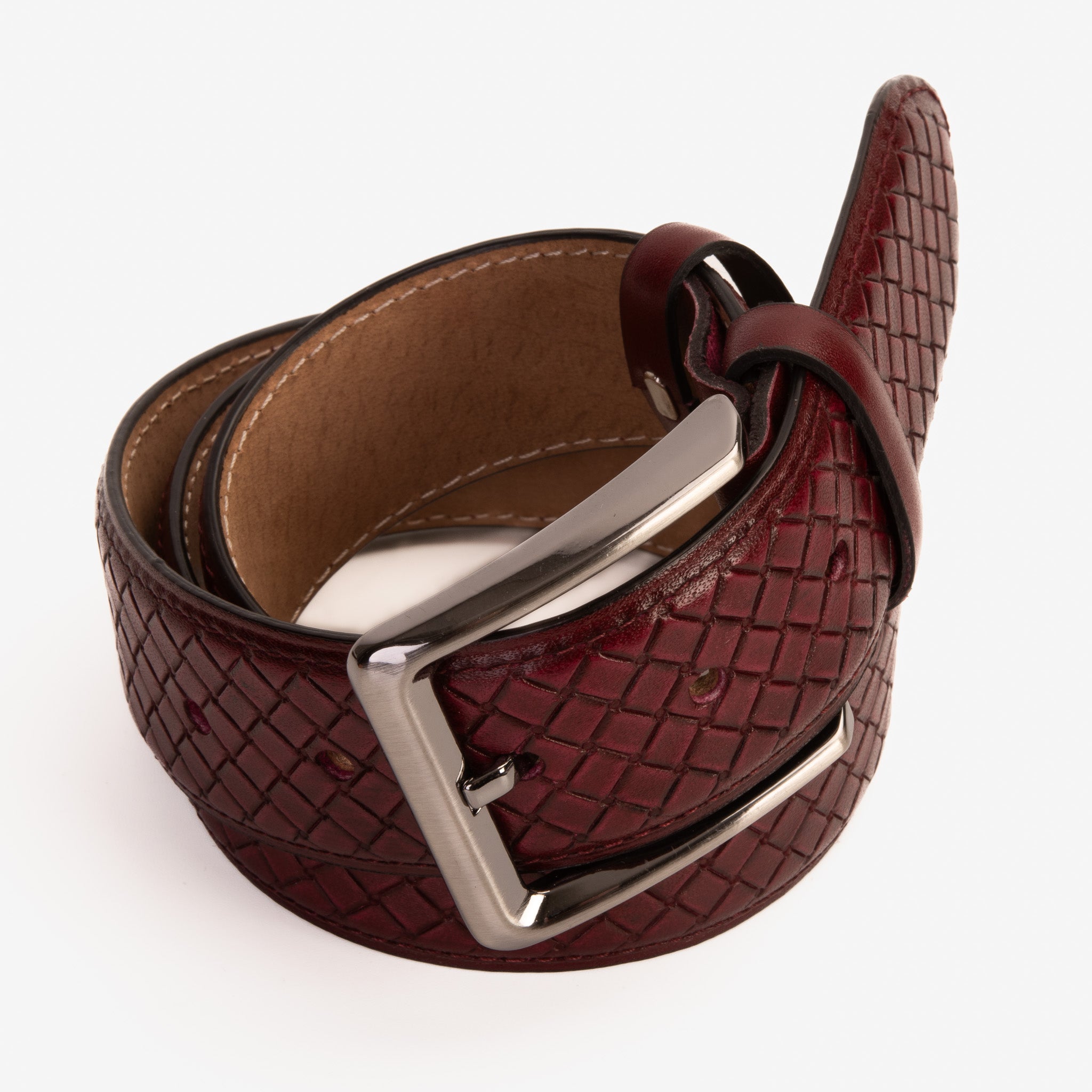The Layla Burgundy Woven Pattern Leather Belt Fine Craftsmanship