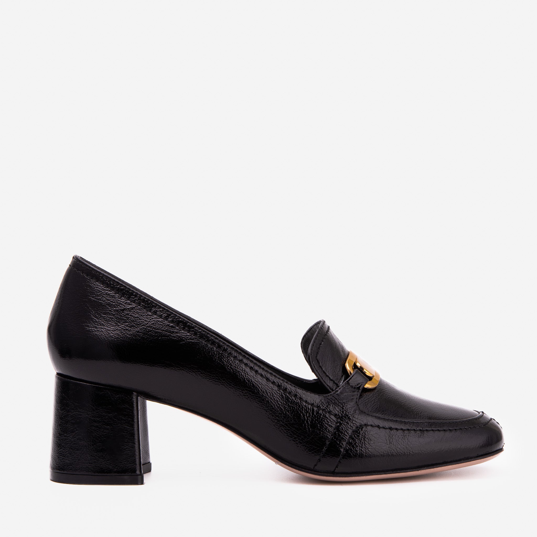 The Victoria Black Leather Block Heel Pump Shoe For Sale