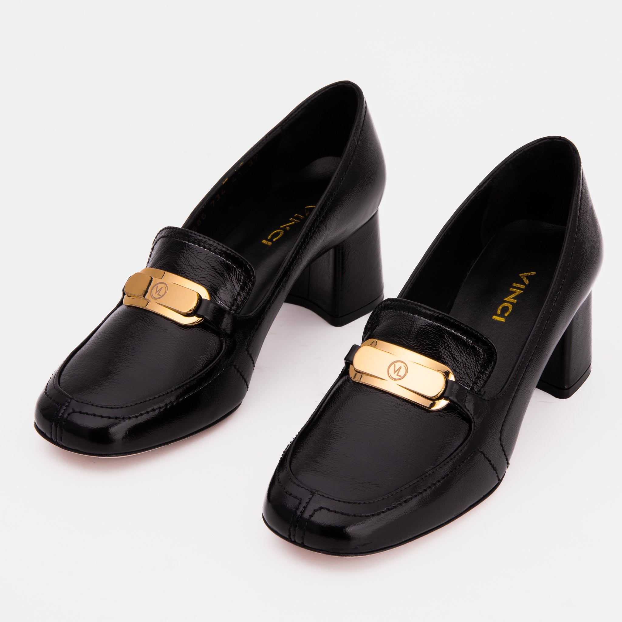 The Victoria Black Leather Block Heel Pump Shoe For Sale