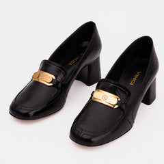 The Victoria Black Leather Block Heel Pump Shoe For Sale