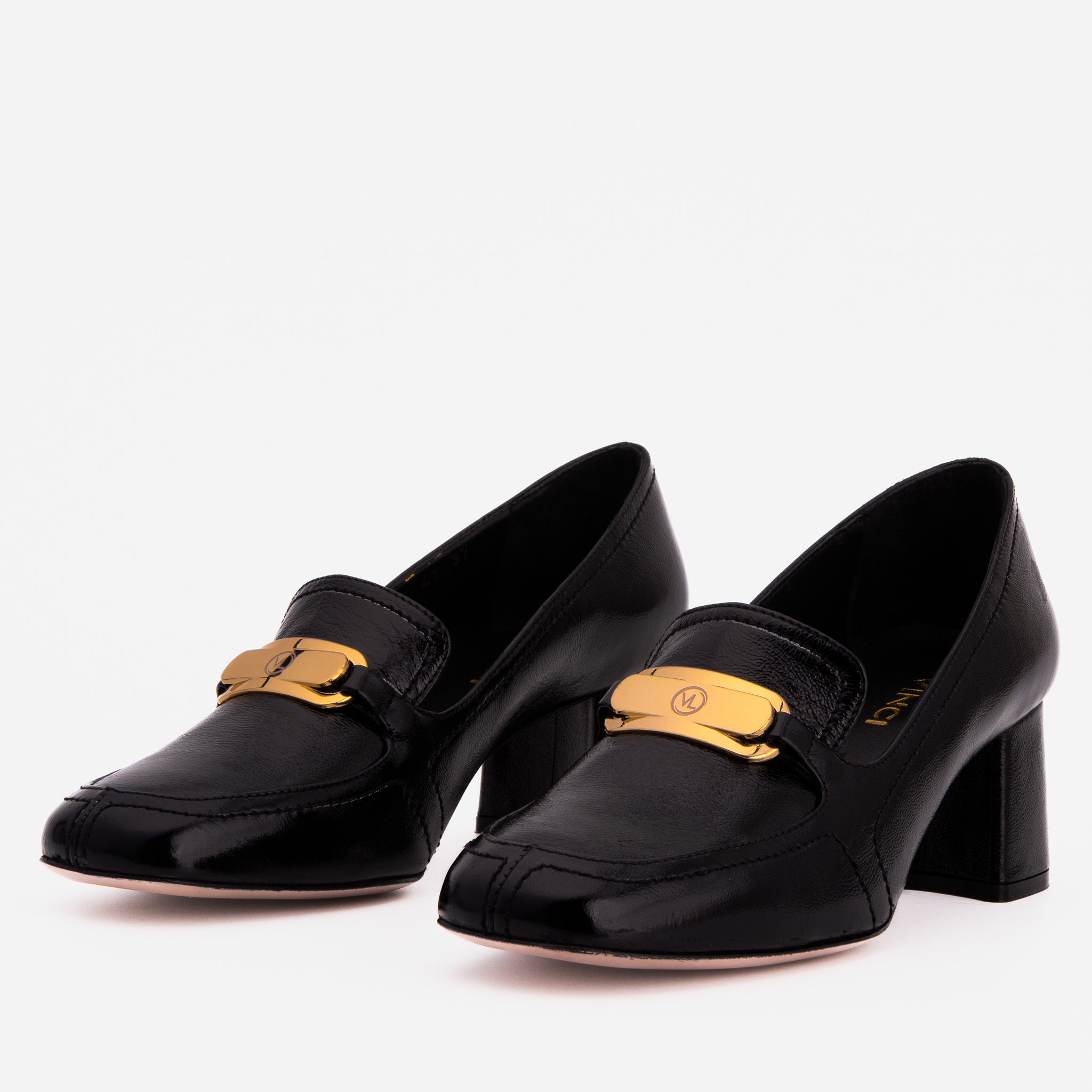 The Victoria Black Leather Block Heel Pump Shoe For Sale
