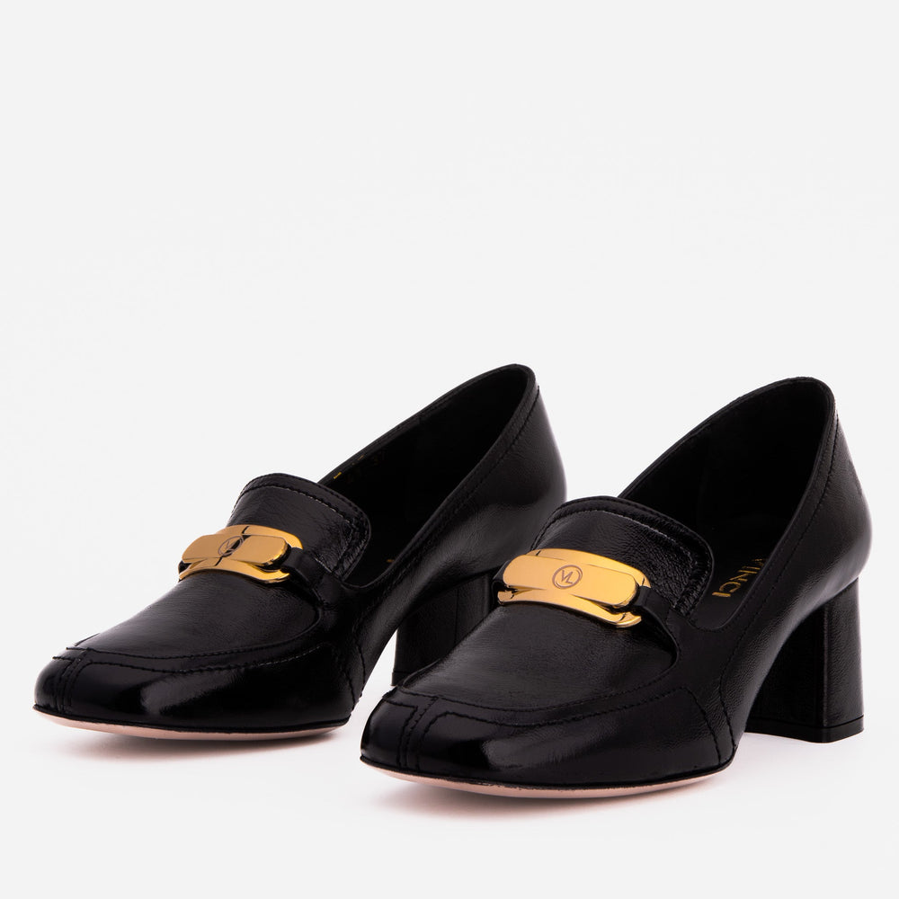 The Victoria Black Leather Block Heel Pump Shoe For Sale