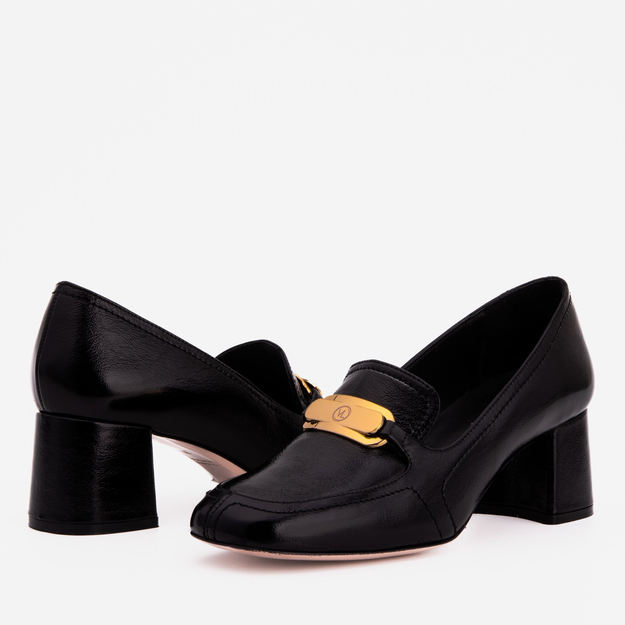 The Victoria Black Leather Block Heel Pump Shoe For Sale