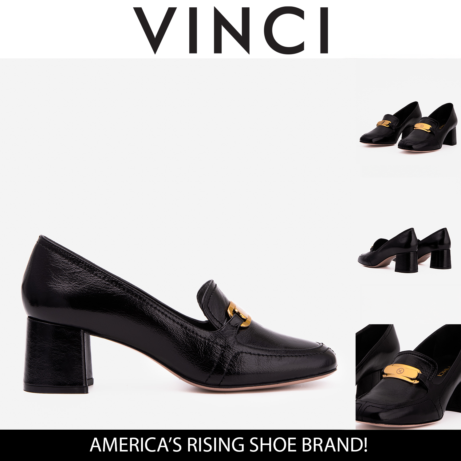 The Victoria Black Leather Block Heel Pump Shoe For Sale