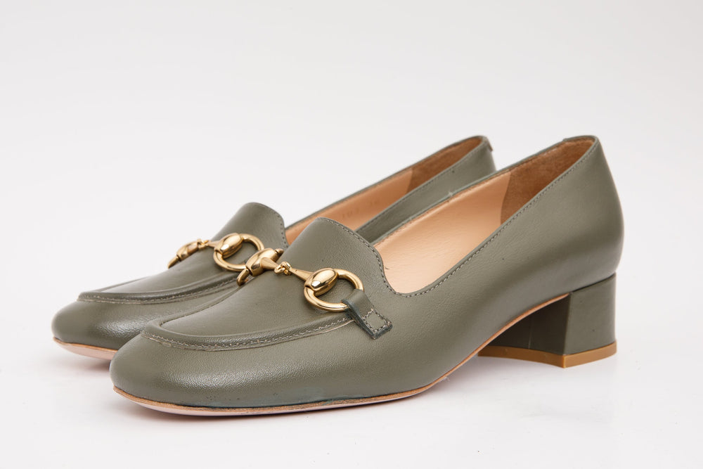 The Delhi Green Leather Block Heel Pump Shoe All New