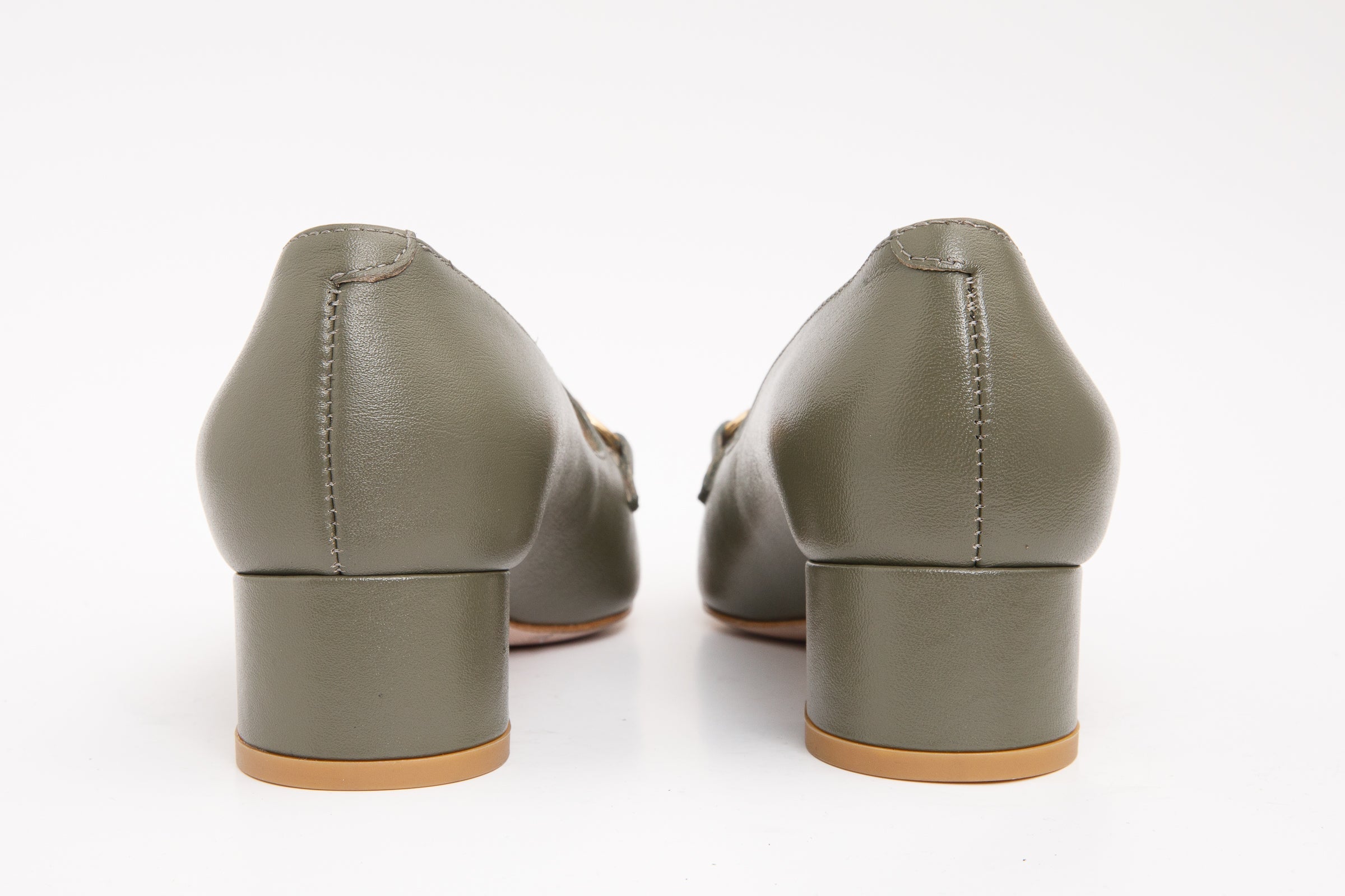 The Delhi Green Leather Block Heel Pump Shoe All New