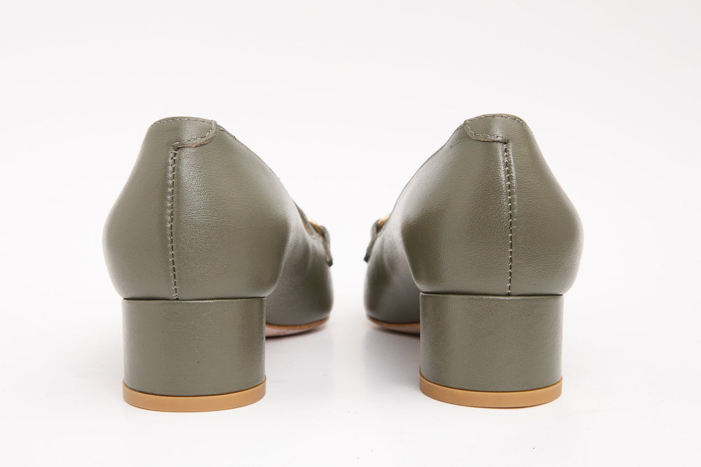 The Delhi Green Leather Block Heel Pump Shoe All New