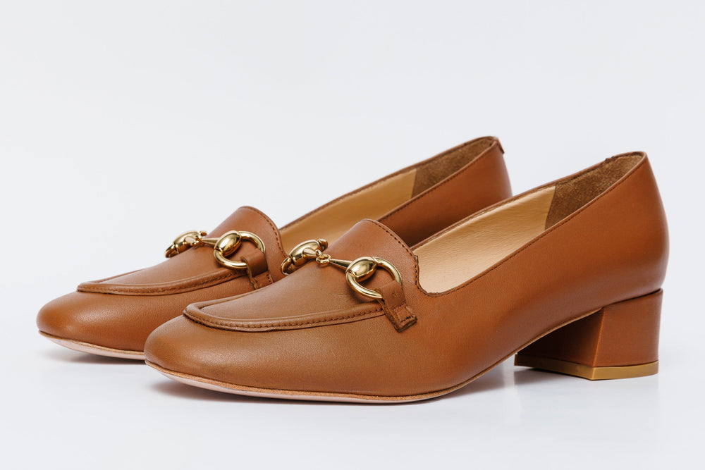 The Delhi Brown Leather Block Heel Pump Shoe Universal Fit