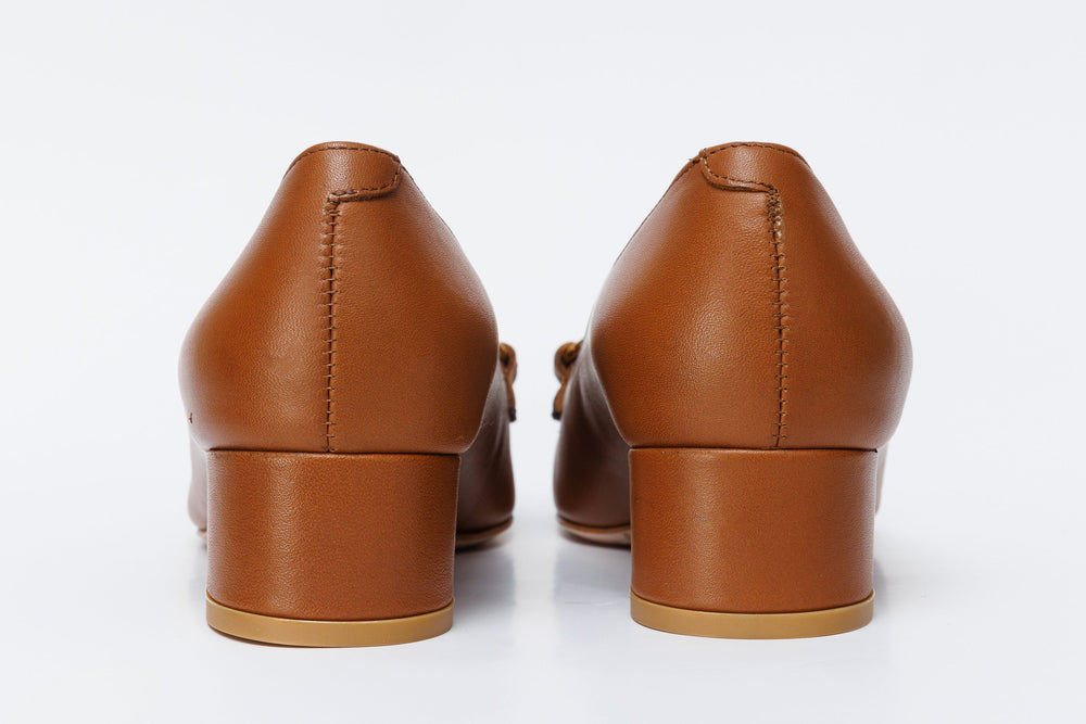 The Delhi Brown Leather Block Heel Pump Shoe Universal Fit