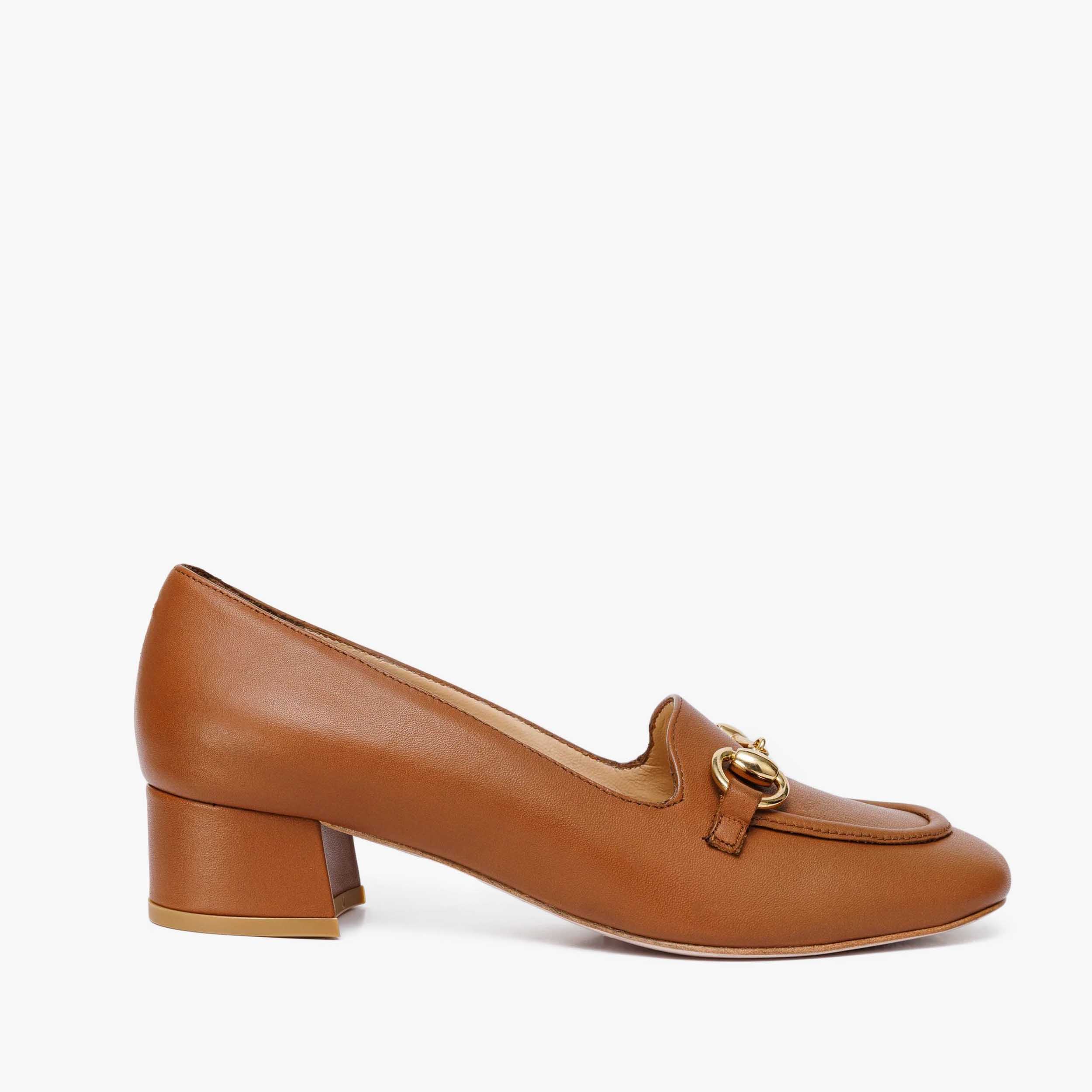 The Delhi Brown Leather Block Heel Pump Shoe Universal Fit