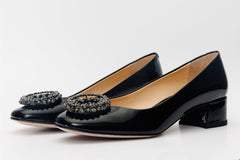 The Danish Black Patent Leather Block Heel Pump Shoe On Sale