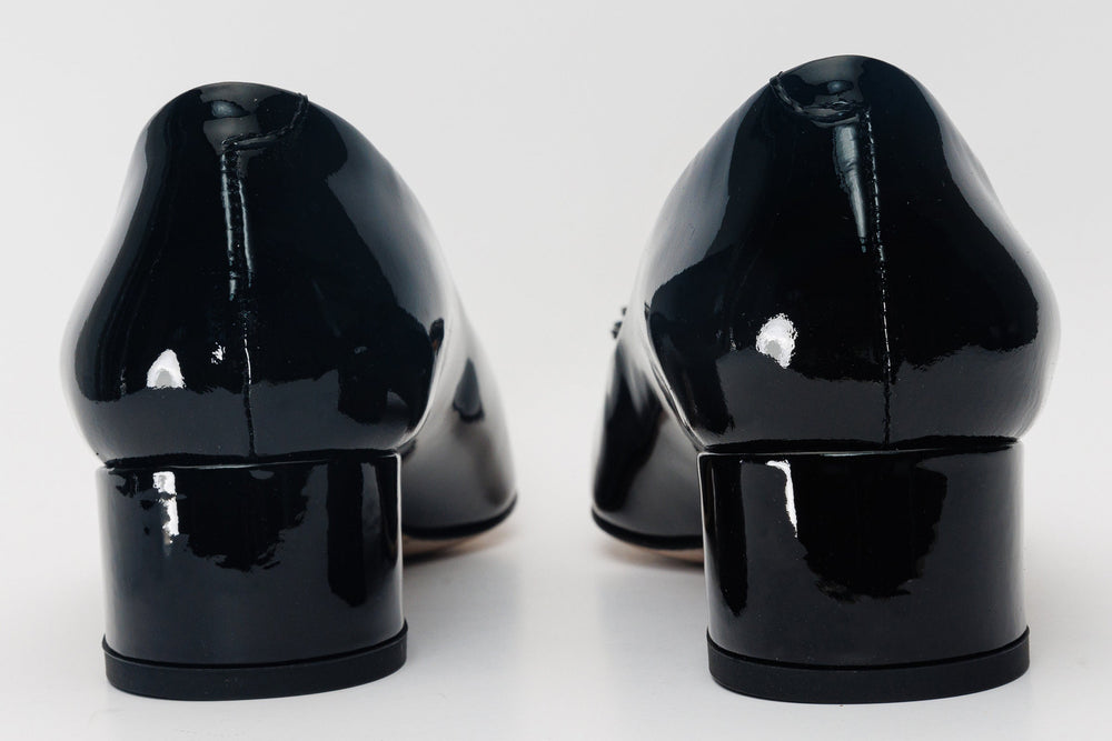 The Danish Black Patent Leather Block Heel Pump Shoe On Sale