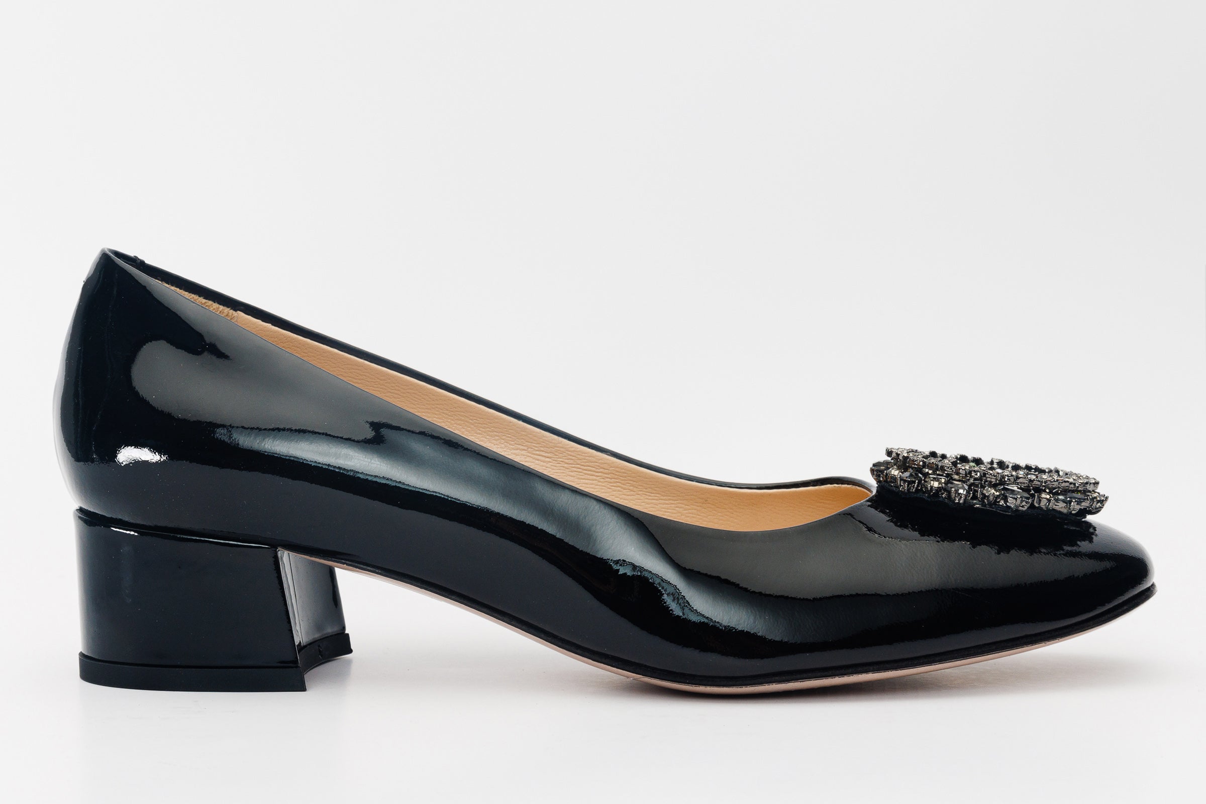The Danish Black Patent Leather Block Heel Pump Shoe On Sale