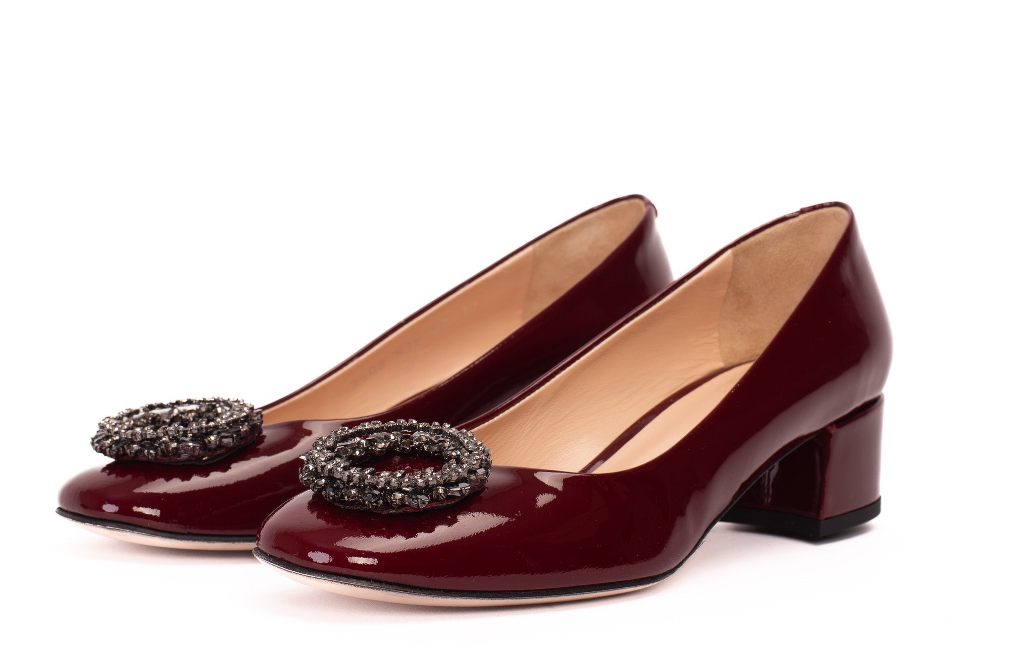 The Danish Burgundy Patent Leather Block Heel Pump Shoe For Sale