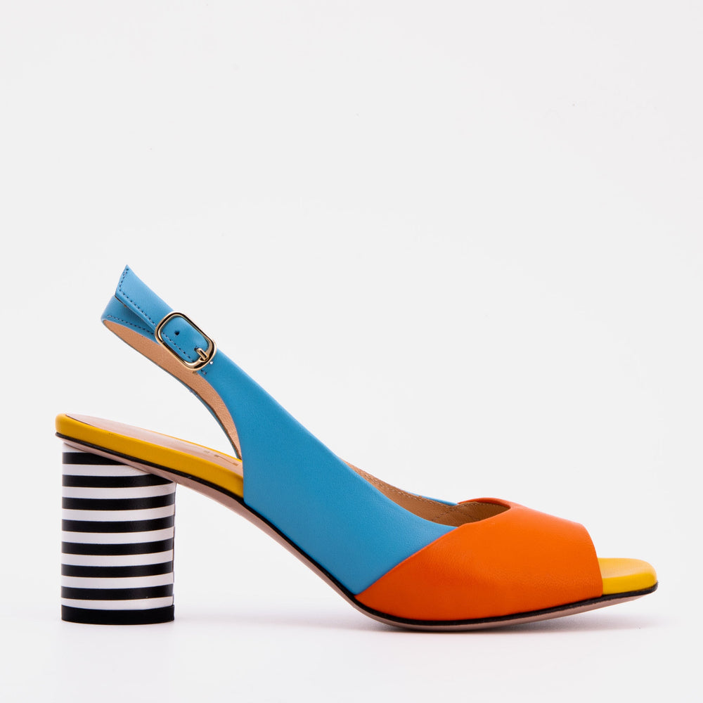 The Spectrum Blue \/ Orange Block Heel Leather Sandal On Sale
