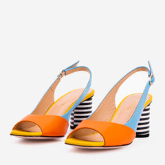 The Spectrum Blue \/ Orange Block Heel Leather Sandal On Sale