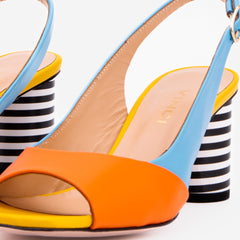 The Spectrum Blue \/ Orange Block Heel Leather Sandal On Sale