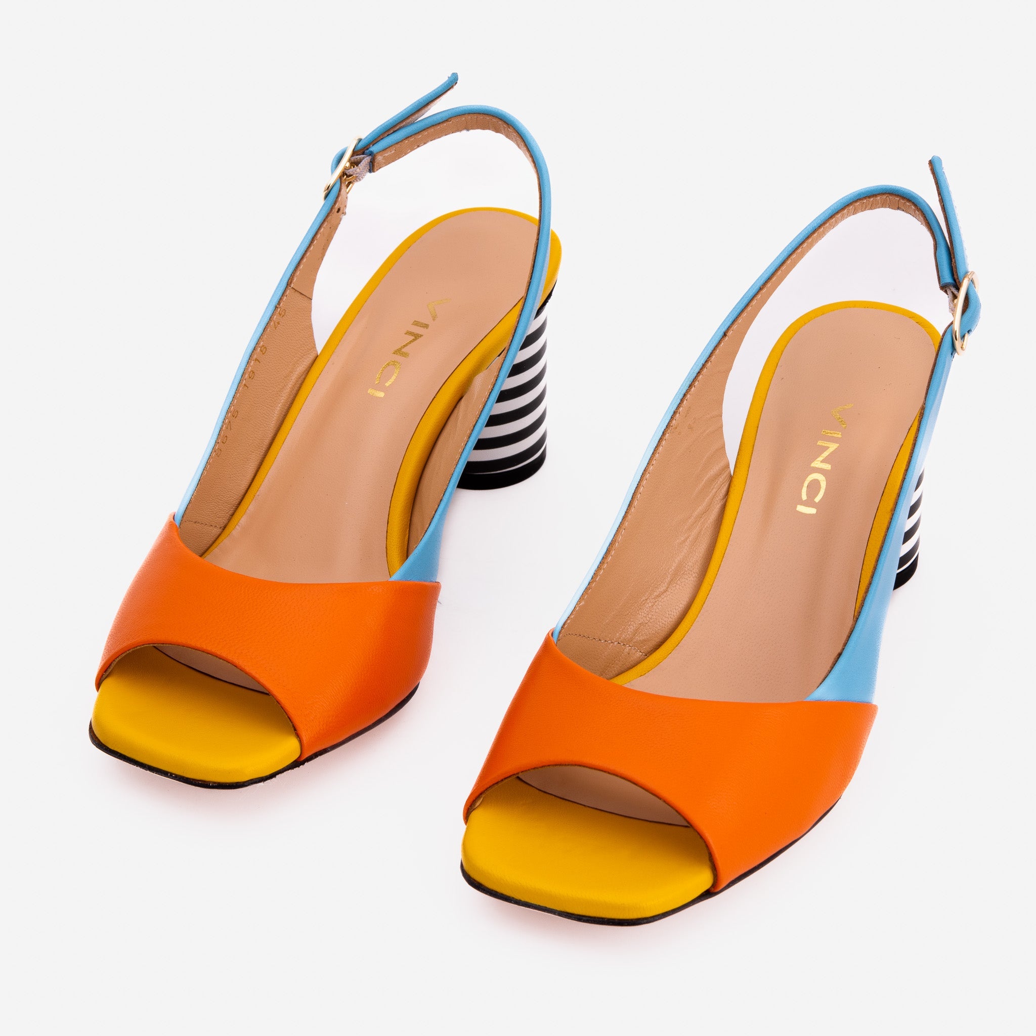 The Spectrum Blue \/ Orange Block Heel Leather Sandal On Sale