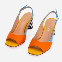 The Spectrum Blue \/ Orange Block Heel Leather Sandal On Sale