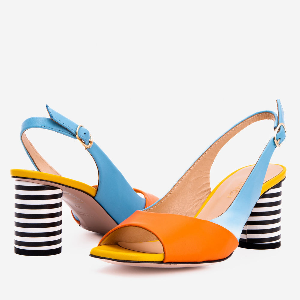 The Spectrum Blue \/ Orange Block Heel Leather Sandal On Sale