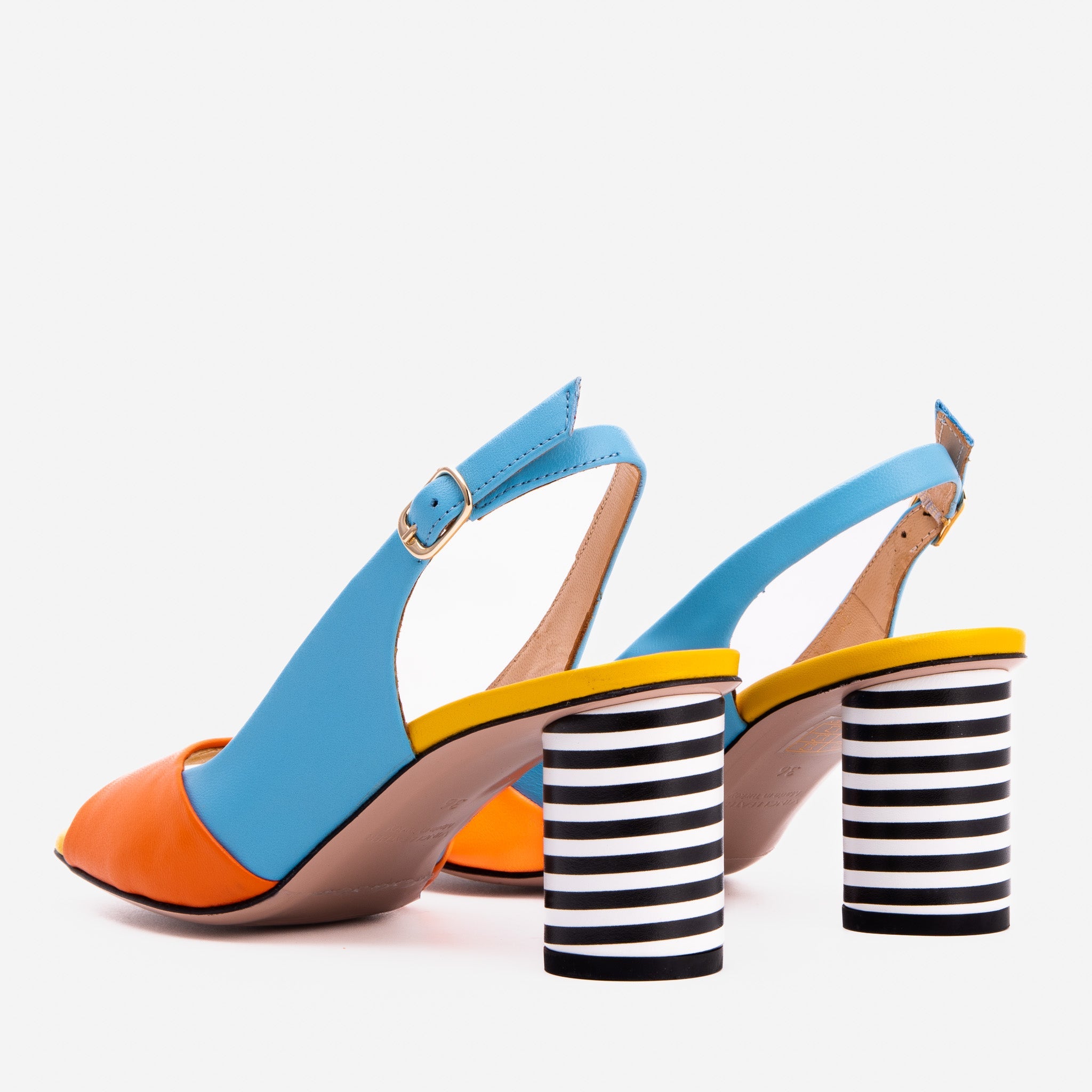 The Spectrum Blue \/ Orange Block Heel Leather Sandal On Sale