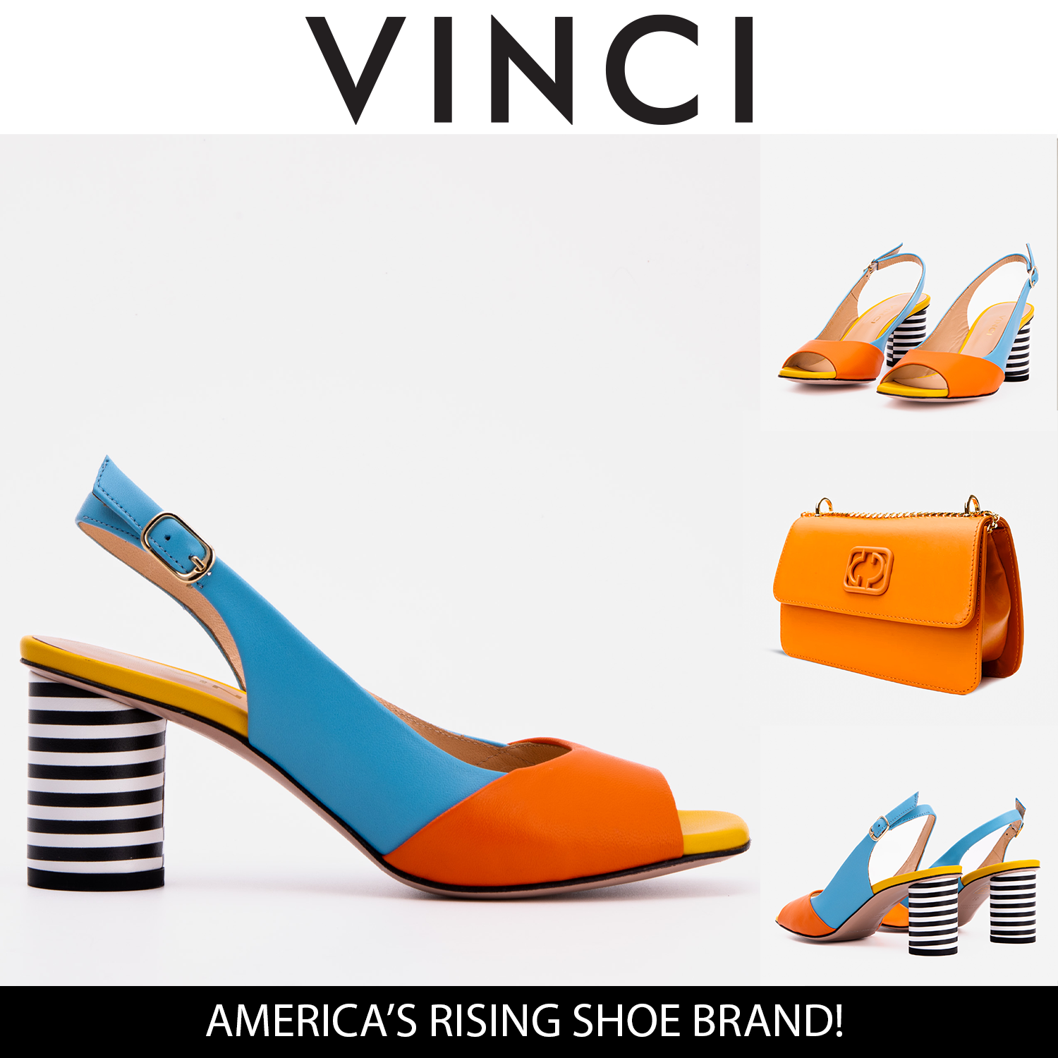 The Spectrum Blue \/ Orange Block Heel Leather Sandal On Sale