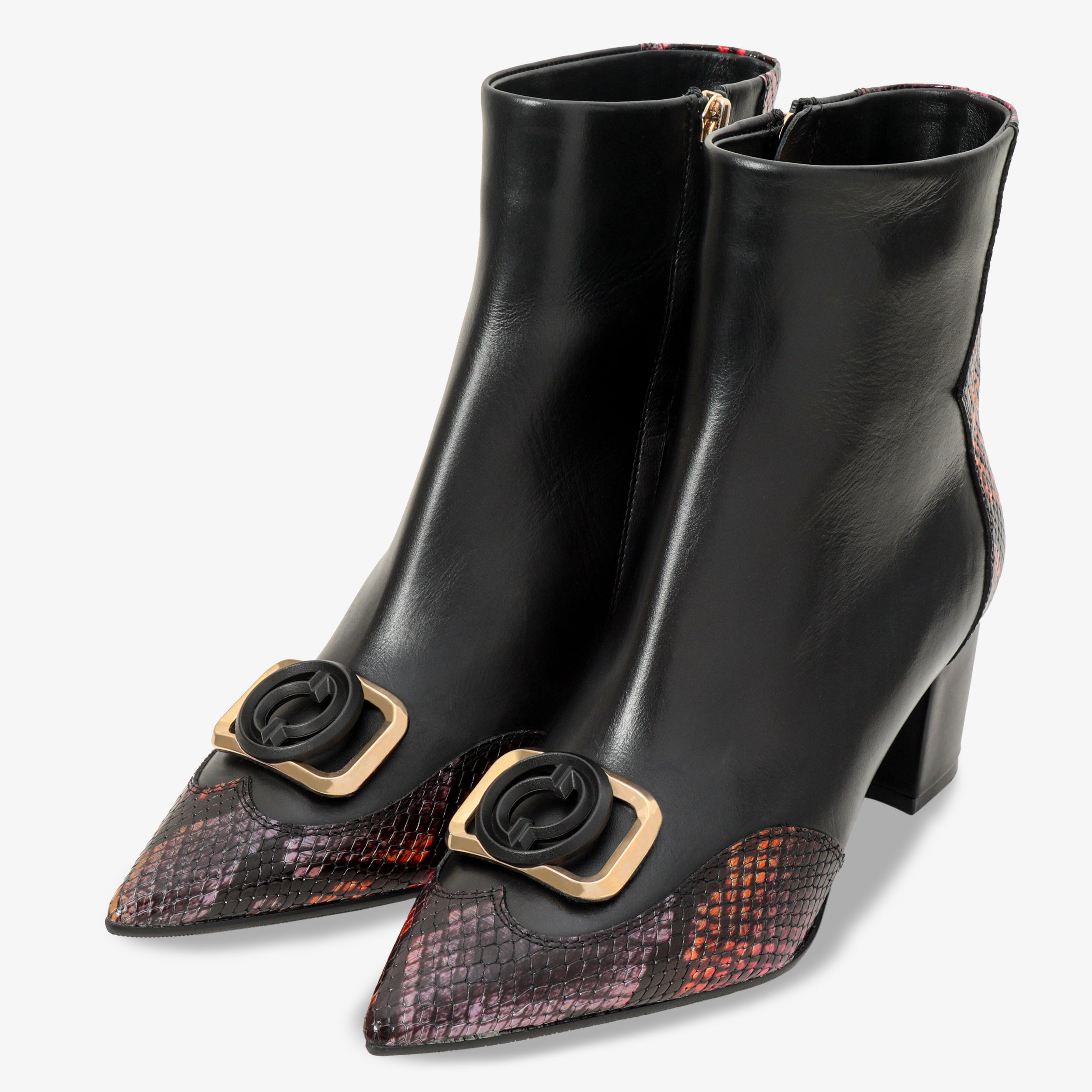 Gray Black Fuchsia Leather Block Heel Boot For Sale
