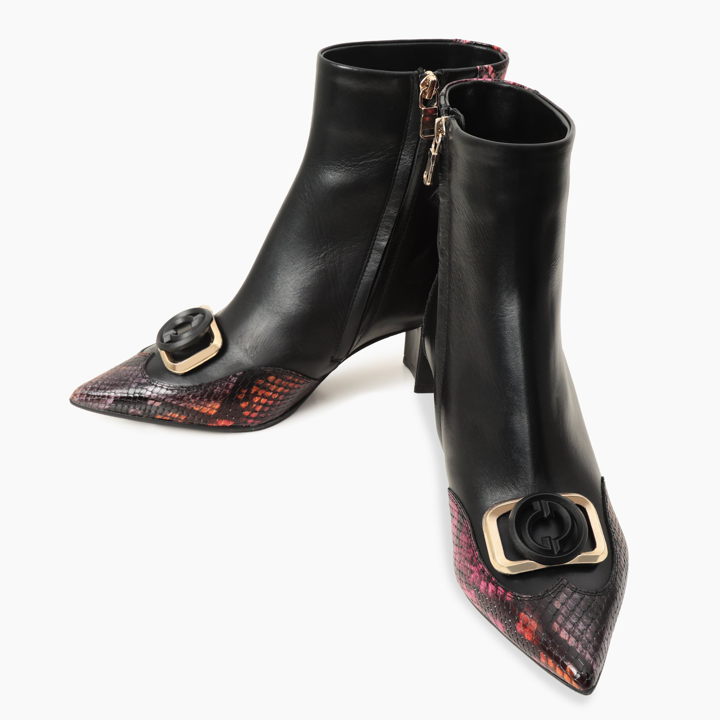 Gray Black Fuchsia Leather Block Heel Boot For Sale