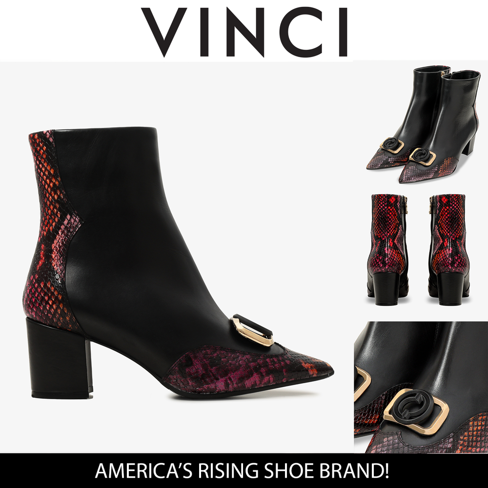 Gray Black Fuchsia Leather Block Heel Boot For Sale