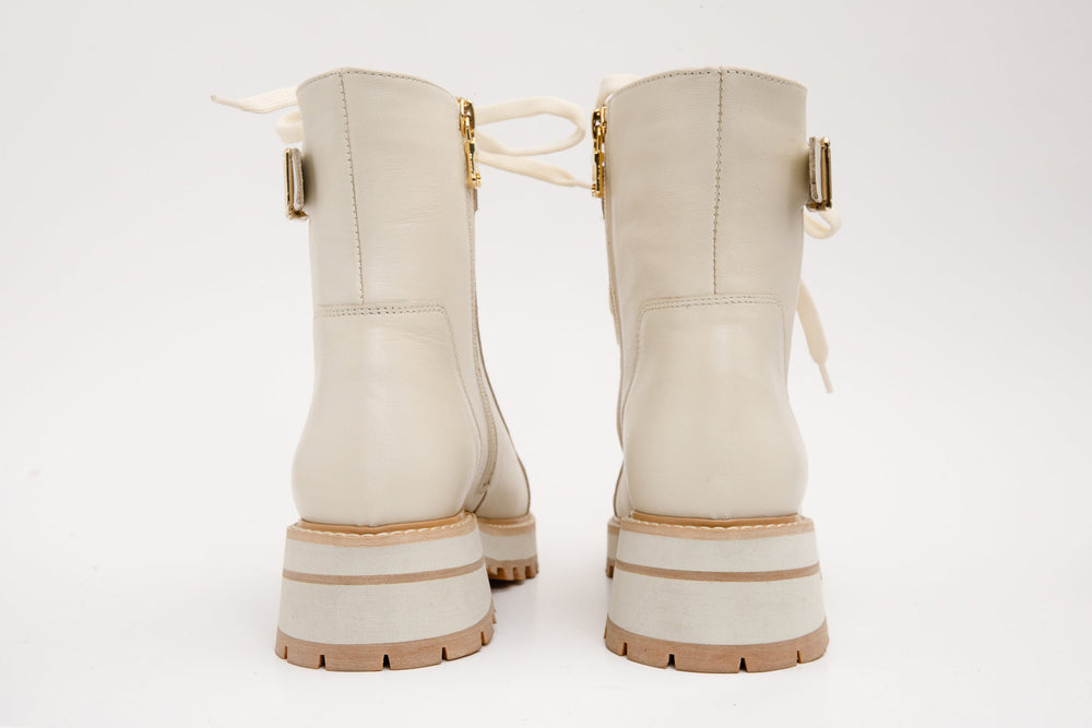 The Belgrano Cream Leather Lace-Up Ankle Boot With a Side Zipper All New