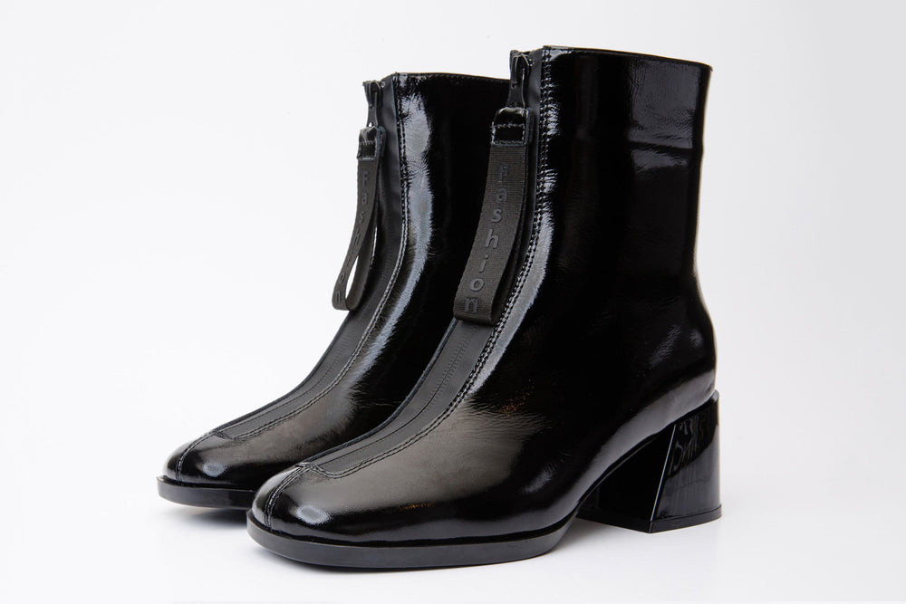 The Tackle Black Patent Leather Block Heel Boot Exclusive Style