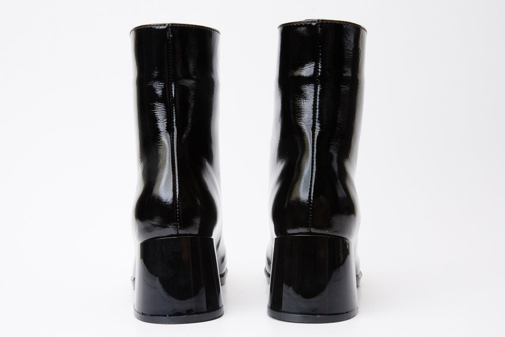 The Tackle Black Patent Leather Block Heel Boot Exclusive Style