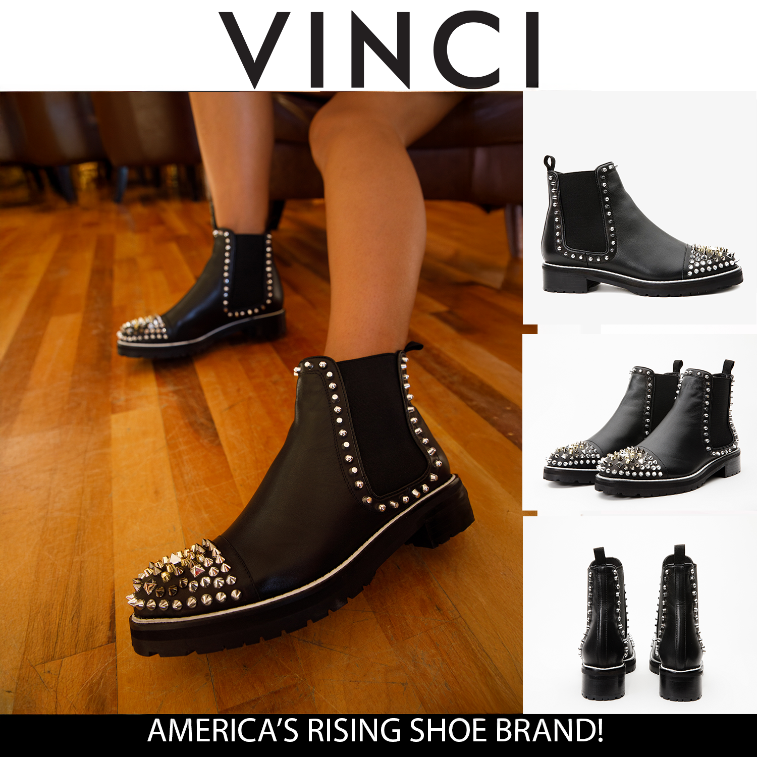 The Vuvulane Black Spike Leather Ankle Boot On Sale