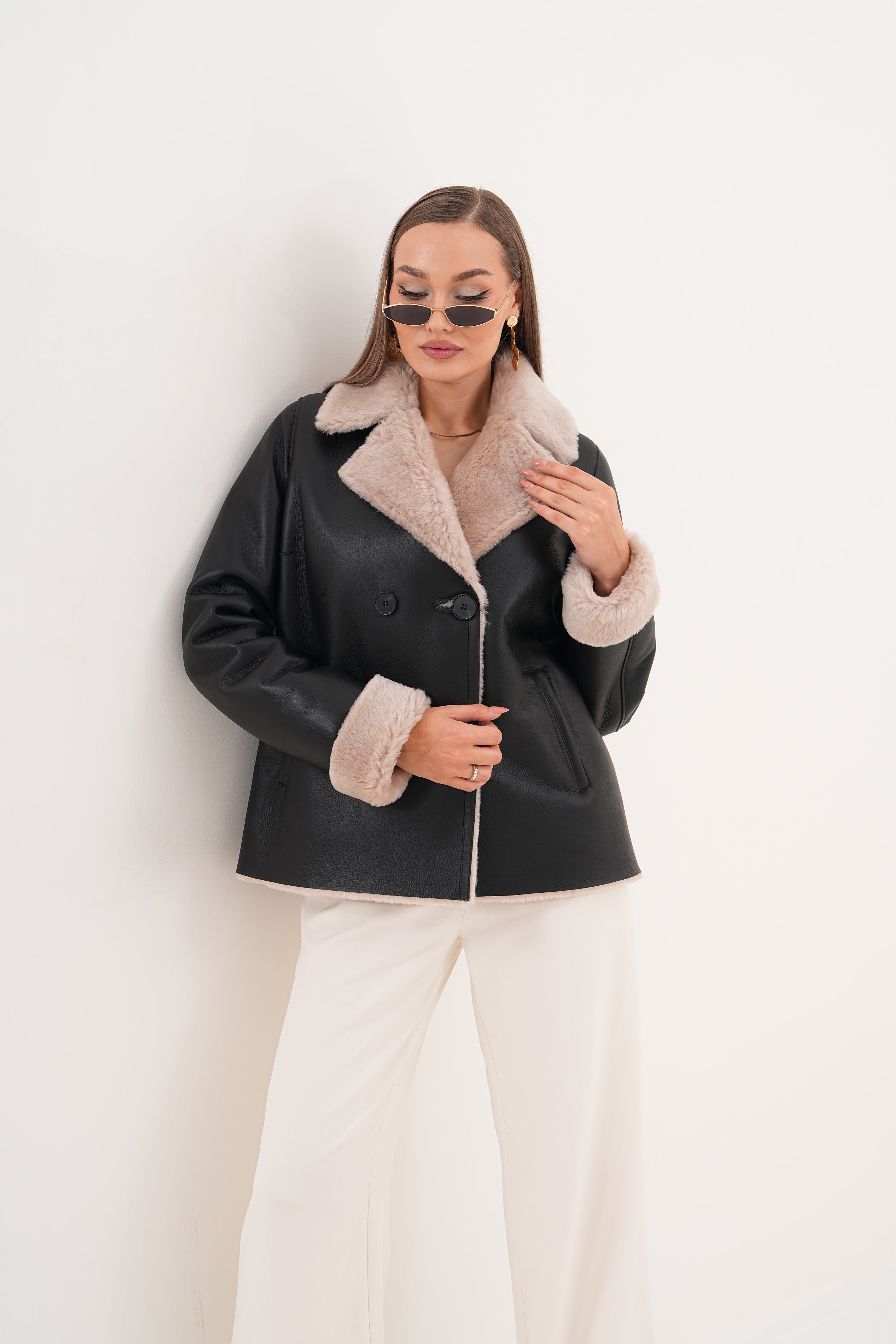 The Zurich Double-Breasted Cream Shearling Collar Leather Jacket For Sale
