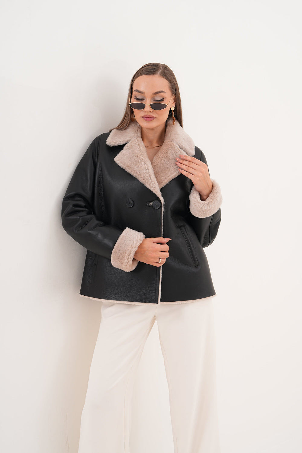 The Zurich Double-Breasted Cream Shearling Collar Leather Jacket For Sale