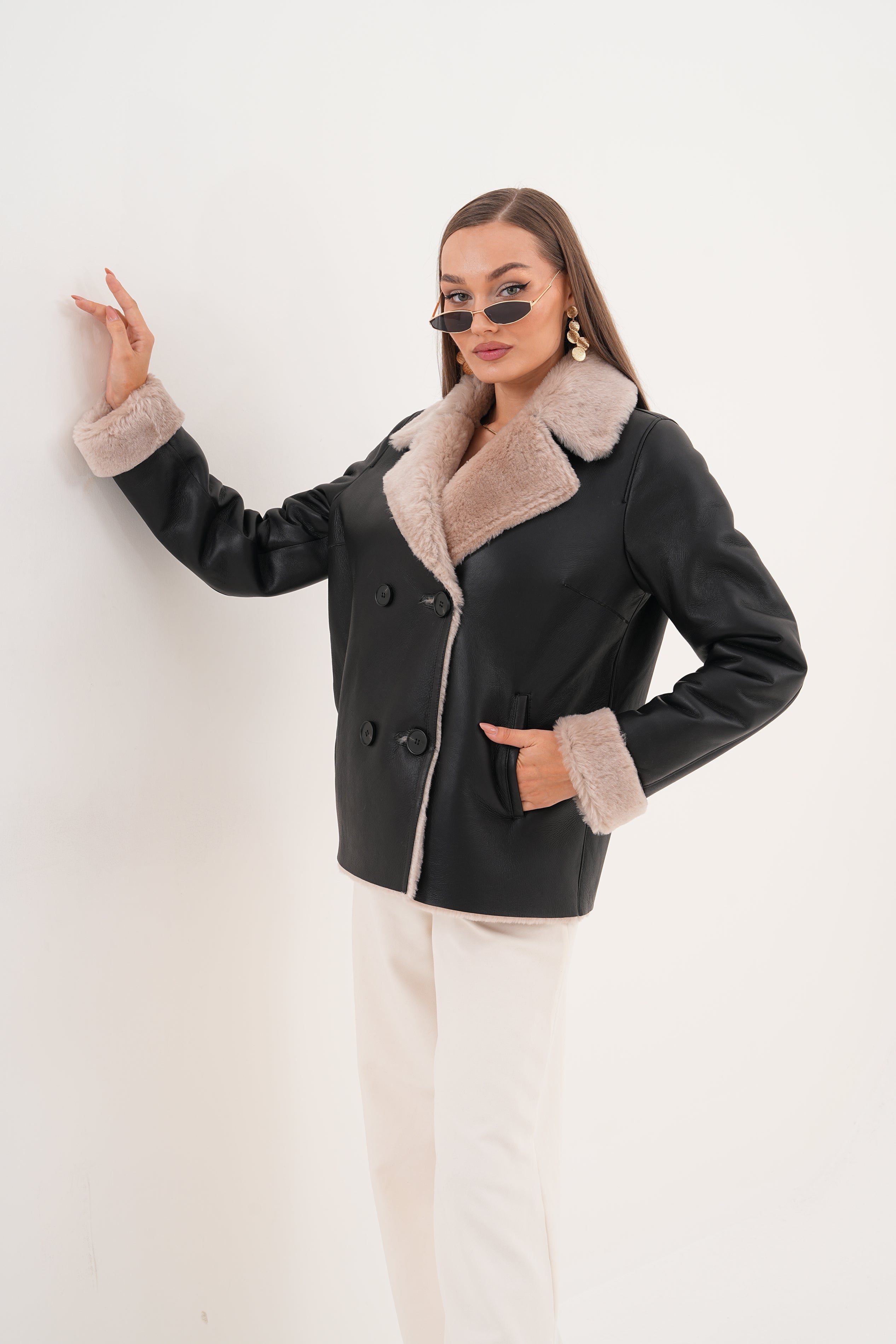 The Zurich Double-Breasted Cream Shearling Collar Leather Jacket For Sale