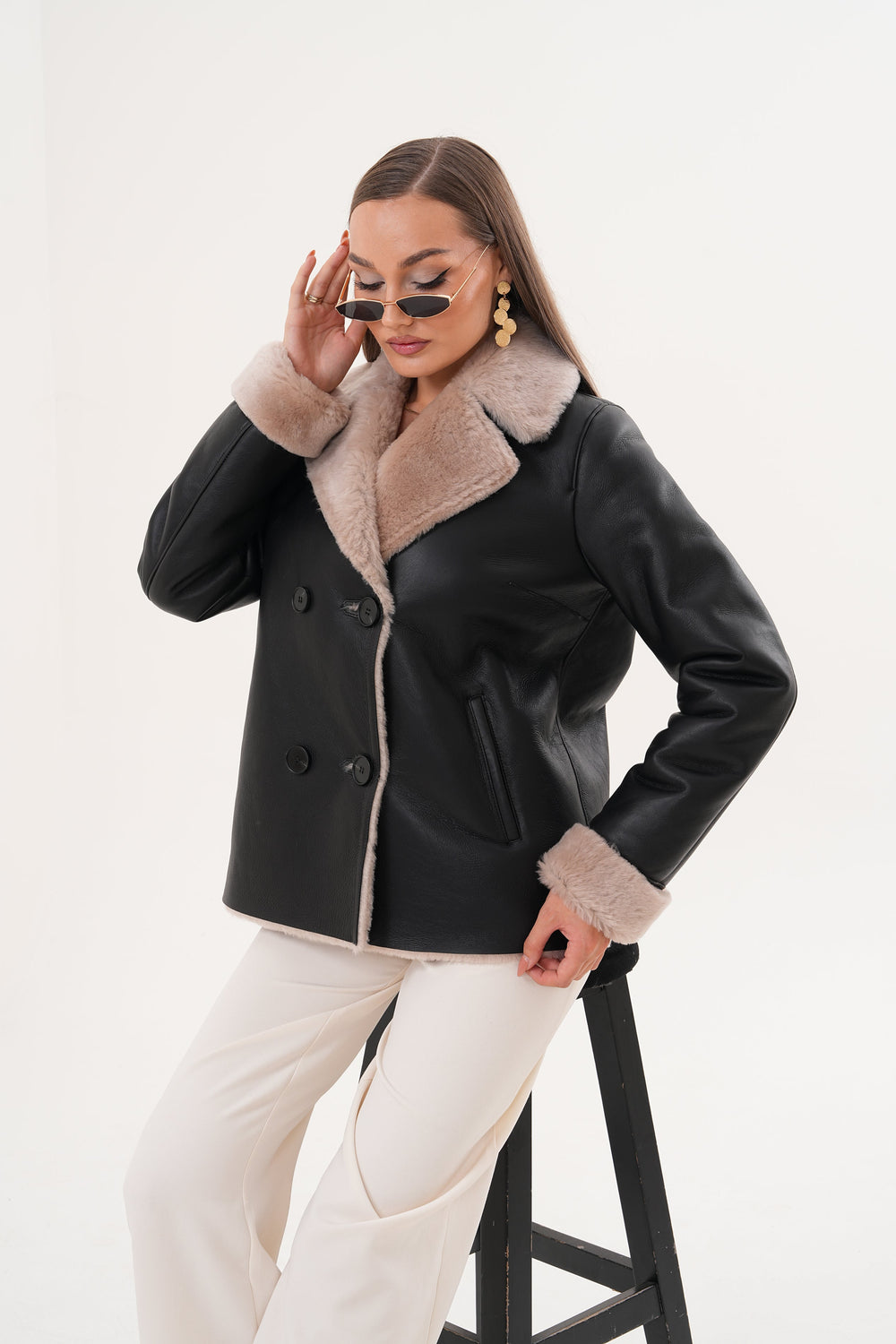 The Zurich Double-Breasted Cream Shearling Collar Leather Jacket For Sale