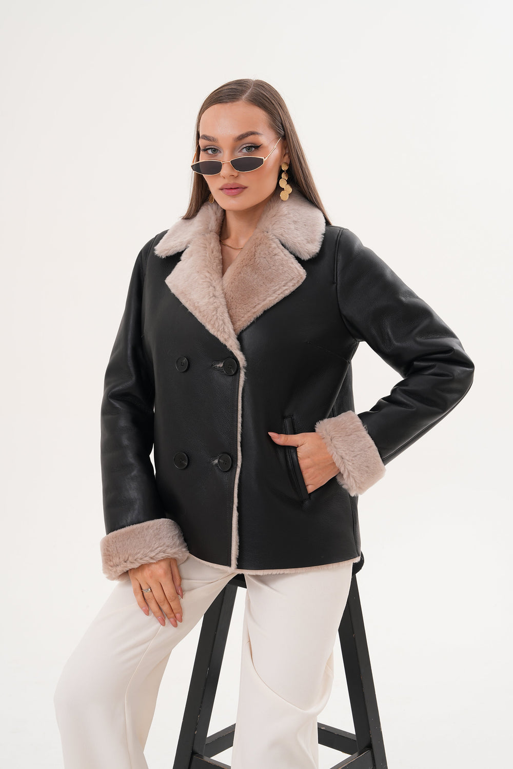 The Zurich Double-Breasted Cream Shearling Collar Leather Jacket For Sale