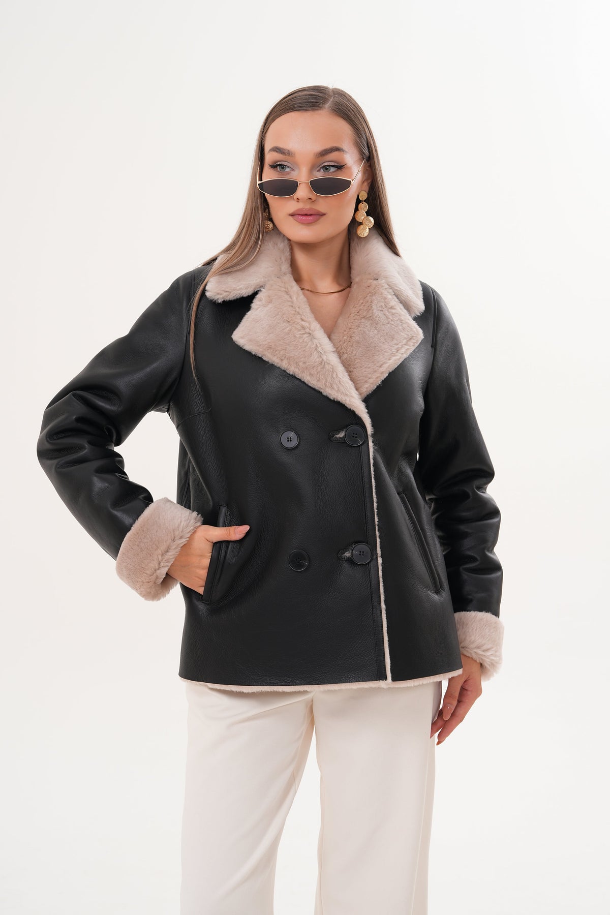 The Zurich Double-Breasted Cream Shearling Collar Leather Jacket For Sale