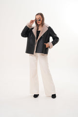 The Zurich Double-Breasted Cream Shearling Collar Leather Jacket For Sale