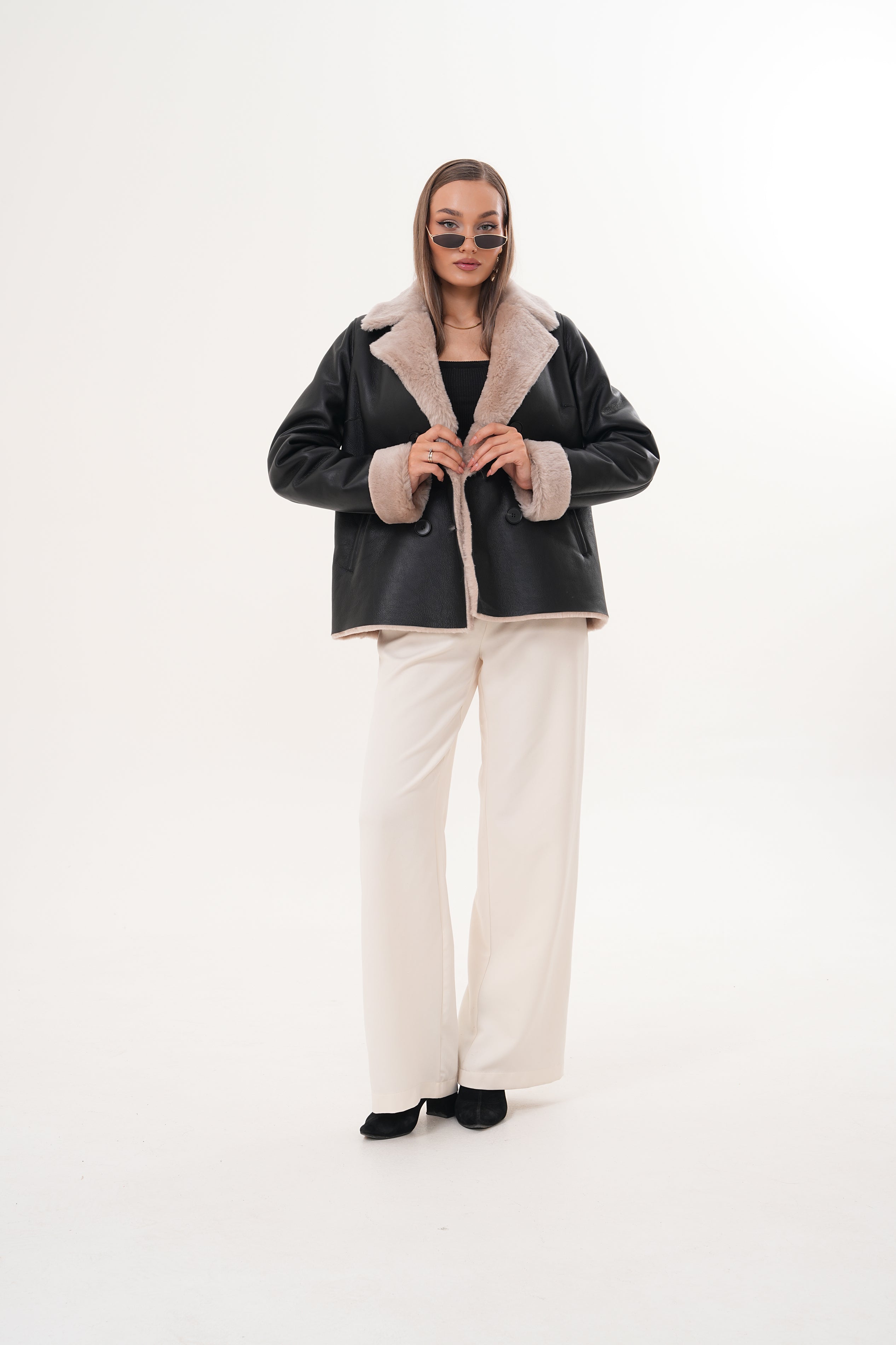 The Zurich Double-Breasted Cream Shearling Collar Leather Jacket For Sale