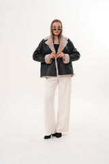 The Zurich Double-Breasted Cream Shearling Collar Leather Jacket For Sale