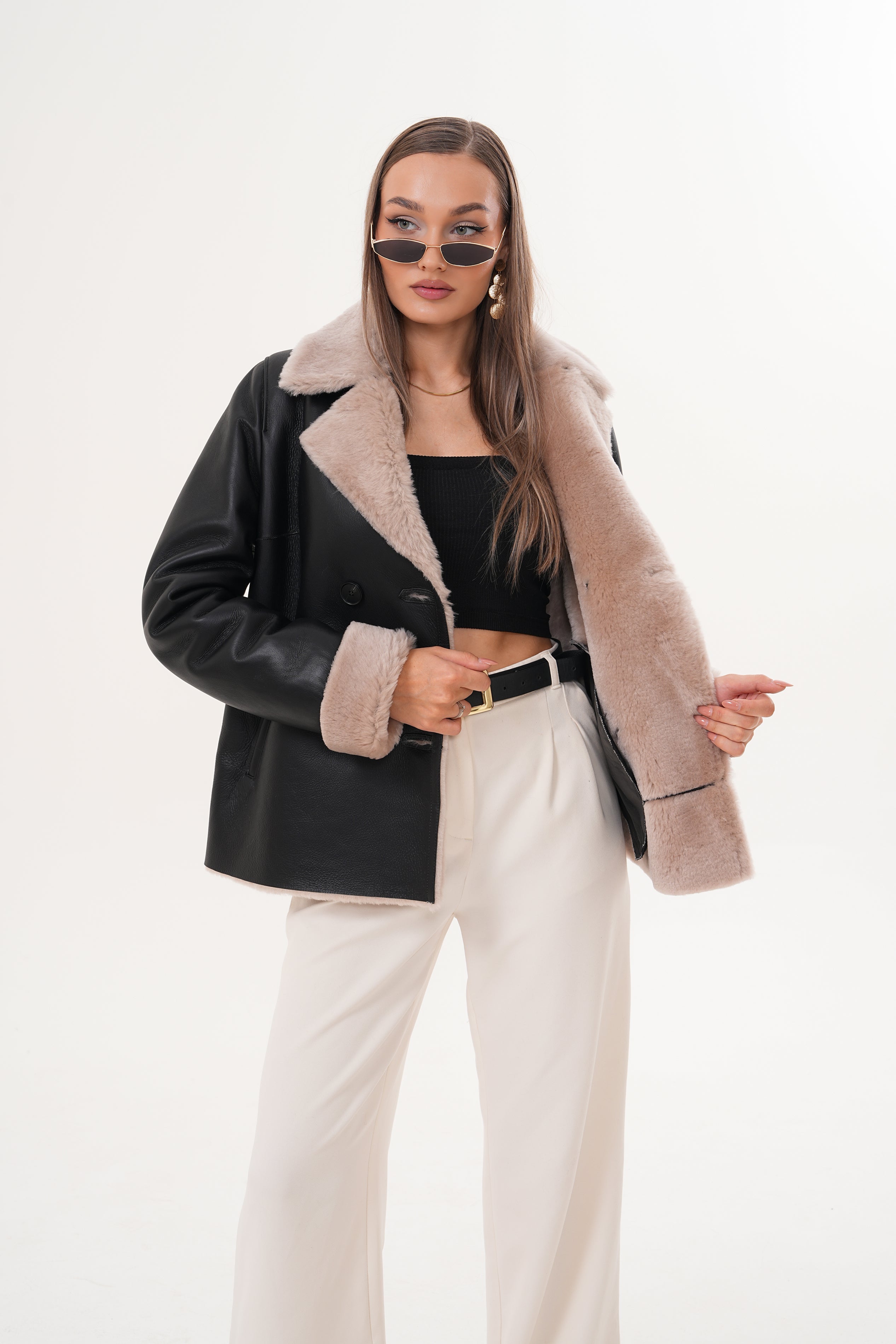 The Zurich Double-Breasted Cream Shearling Collar Leather Jacket For Sale
