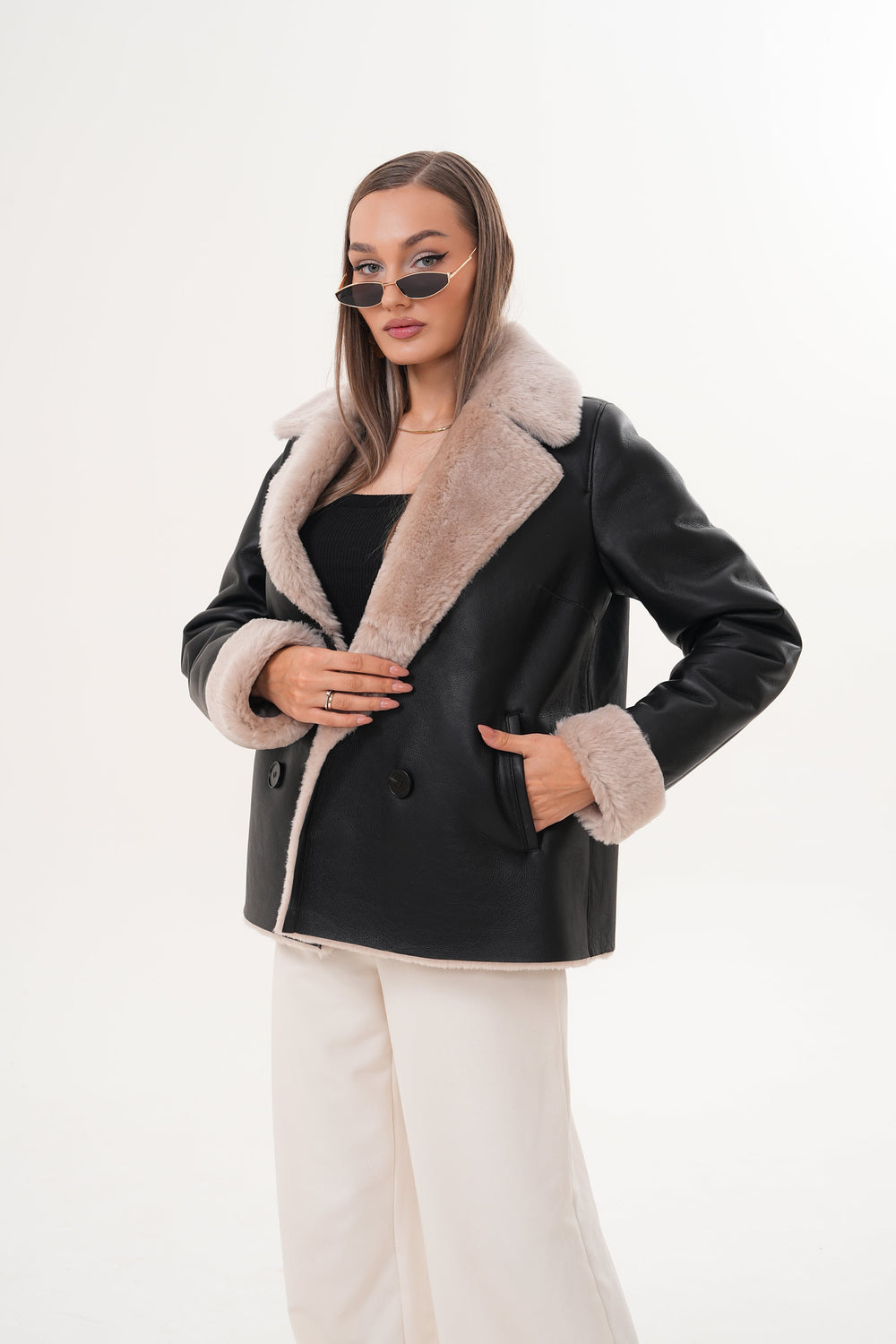 The Zurich Double-Breasted Cream Shearling Collar Leather Jacket For Sale
