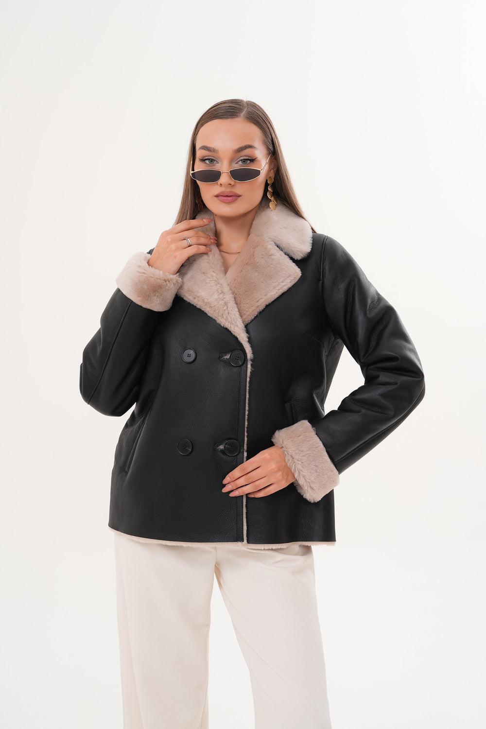 The Zurich Double-Breasted Cream Shearling Collar Leather Jacket For Sale