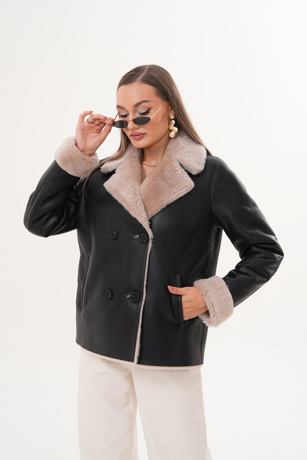 The Zurich Double-Breasted Cream Shearling Collar Leather Jacket For Sale