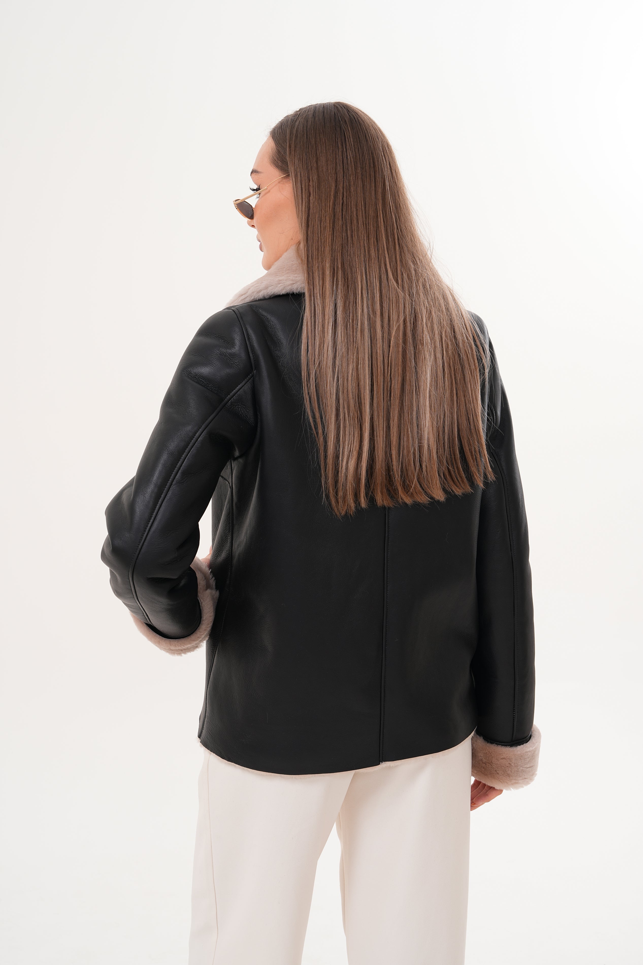 The Zurich Double-Breasted Cream Shearling Collar Leather Jacket For Sale